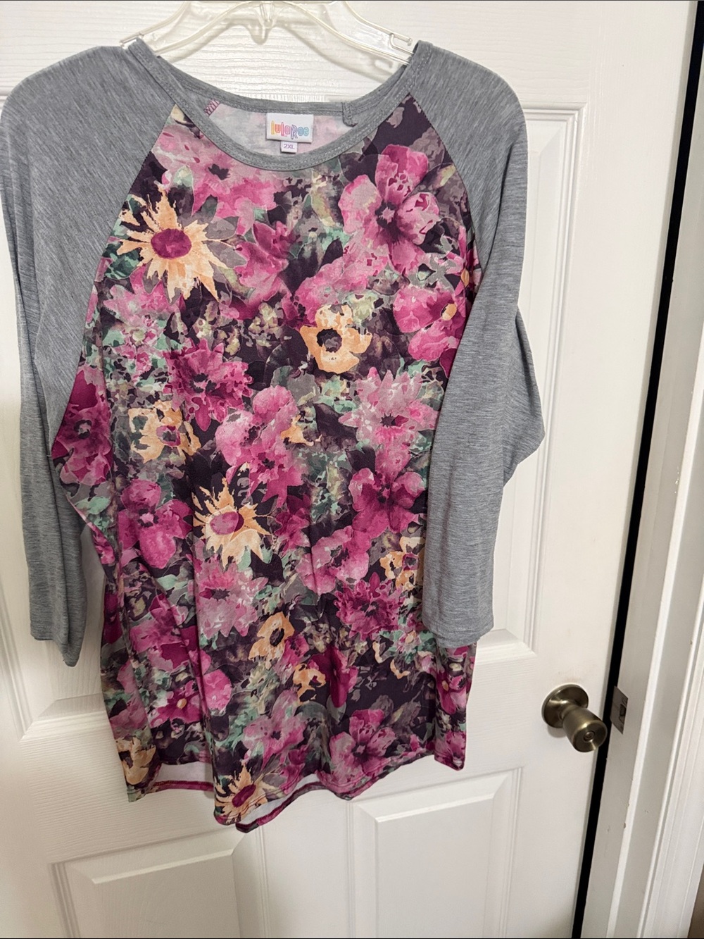 LuLaRoe Floral Raglan Top - Pink, Yellow & Gray